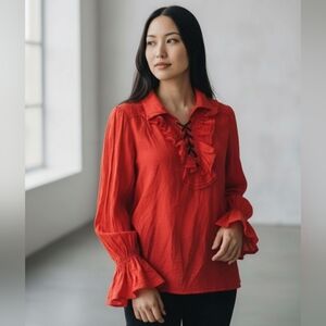 Scarlet Darkness Red Lace Up Ruffle Corset Bell Sleeve Tunic Top Blouse Small